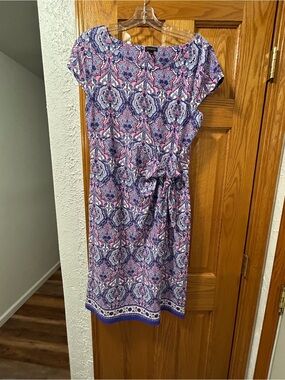 Talbots Effortless Blue and Pink Paisley Tie-Waist Midi Dress